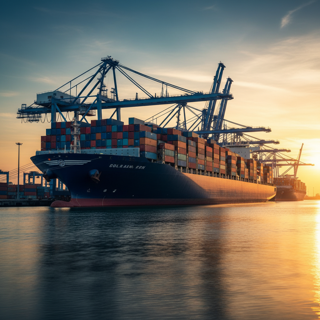 Container ship loaded with colourful cargo containers docked at port terminal