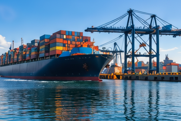Shipping containers at port representing foreign accounts receivable